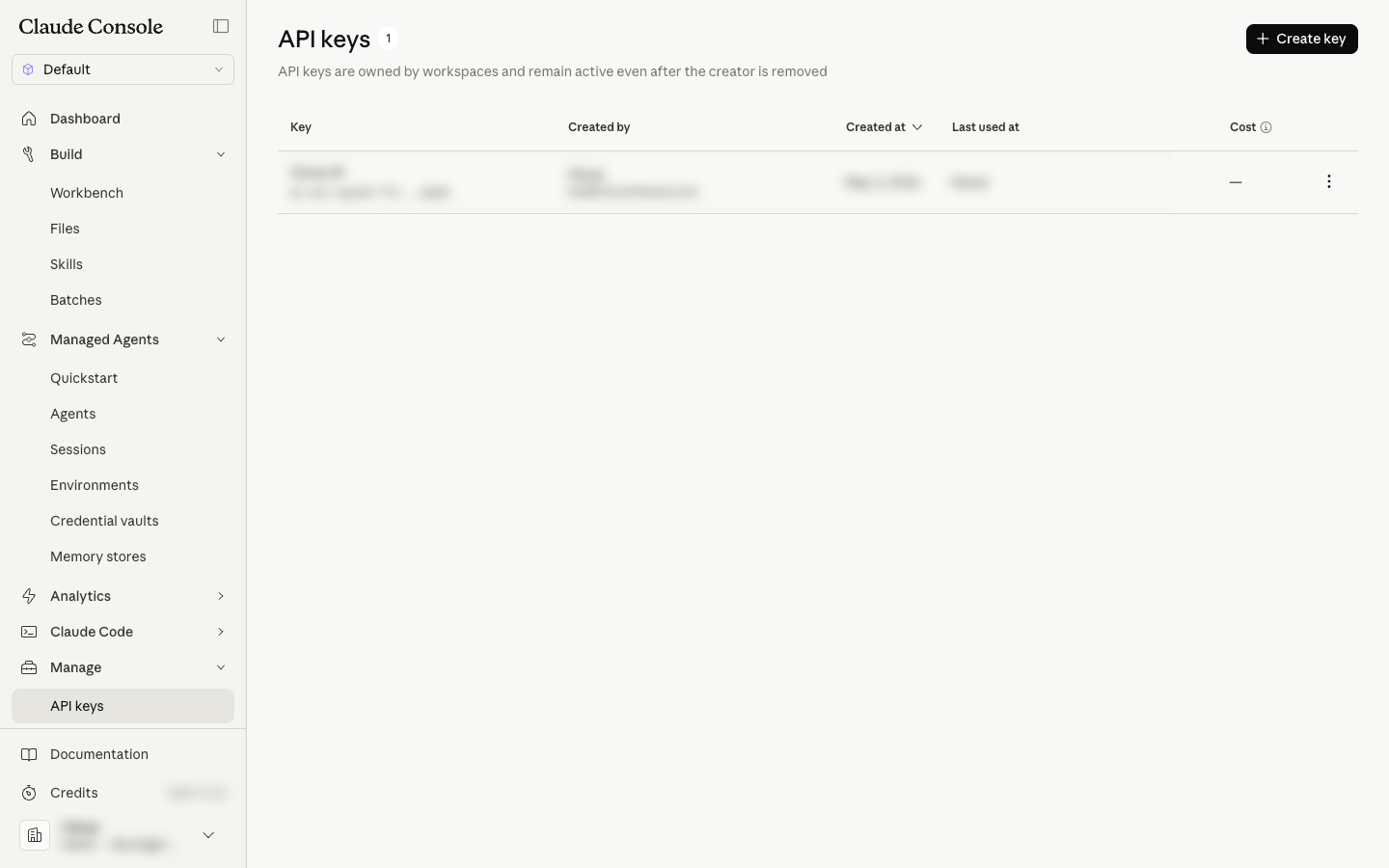 API Keys page with Create key button