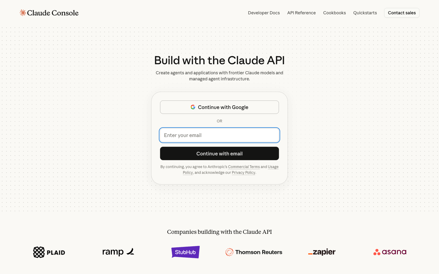 Claude Console landing page