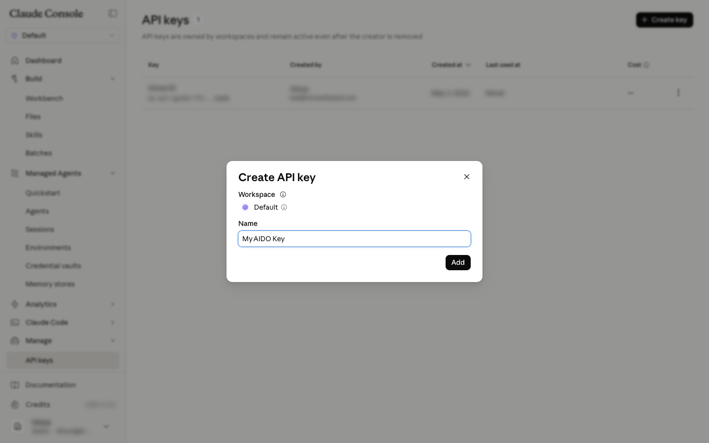 Create API key dialog