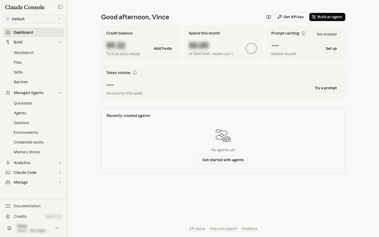 Claude Console dashboard