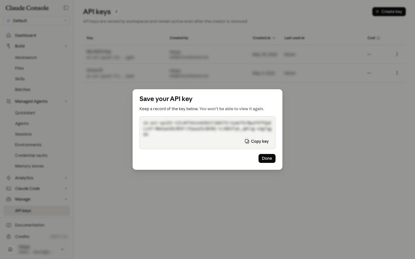 Save your API key dialog with copy button