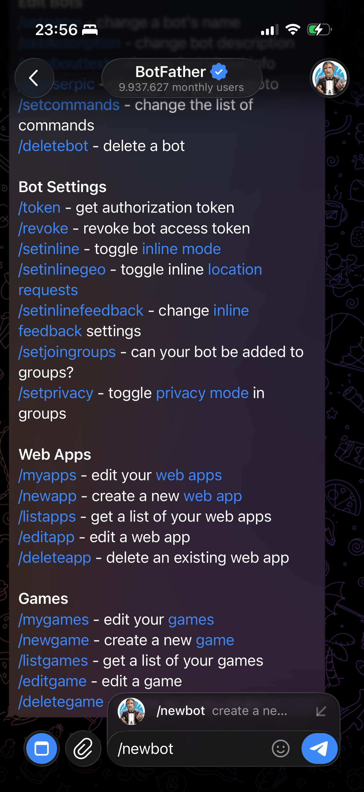 Telegram chat with BotFather showing the /newbot command sent and BotFather's response asking for a name.