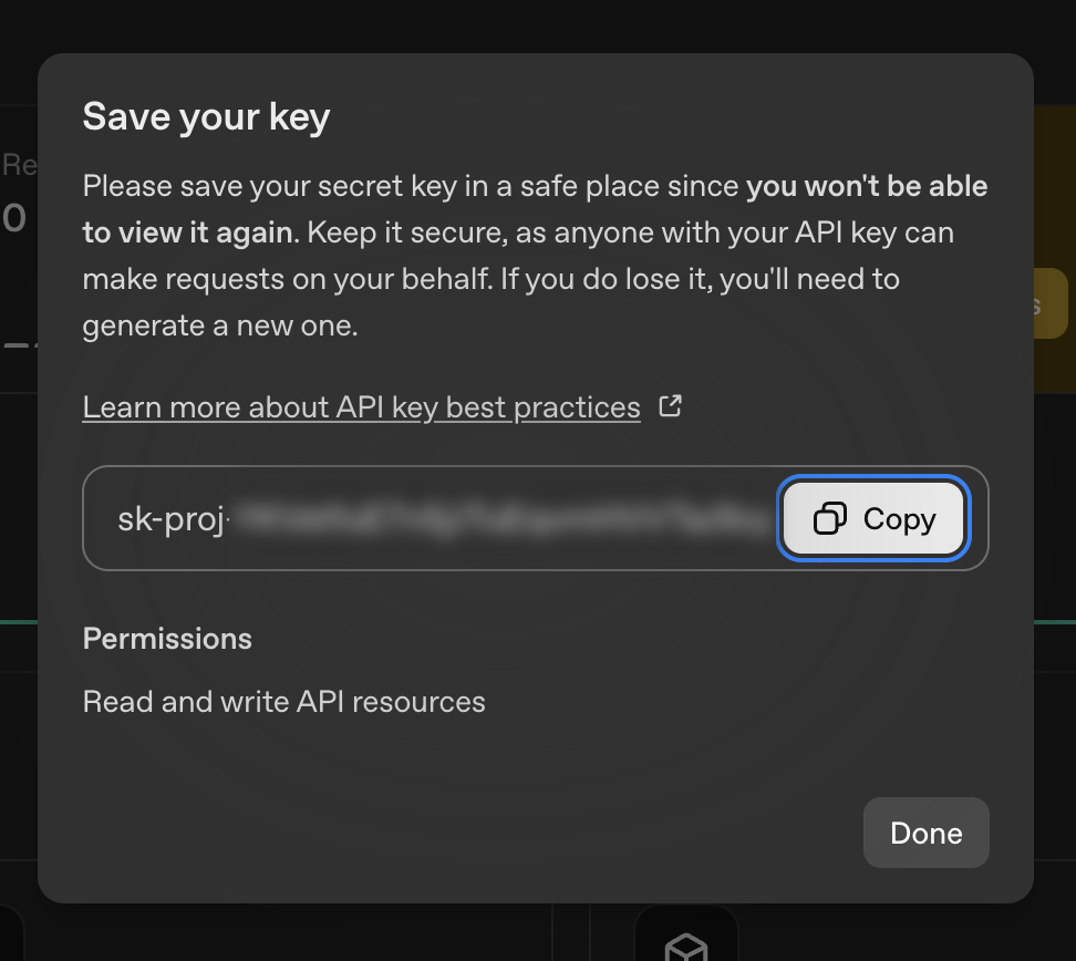 Save your key dialog with copy button