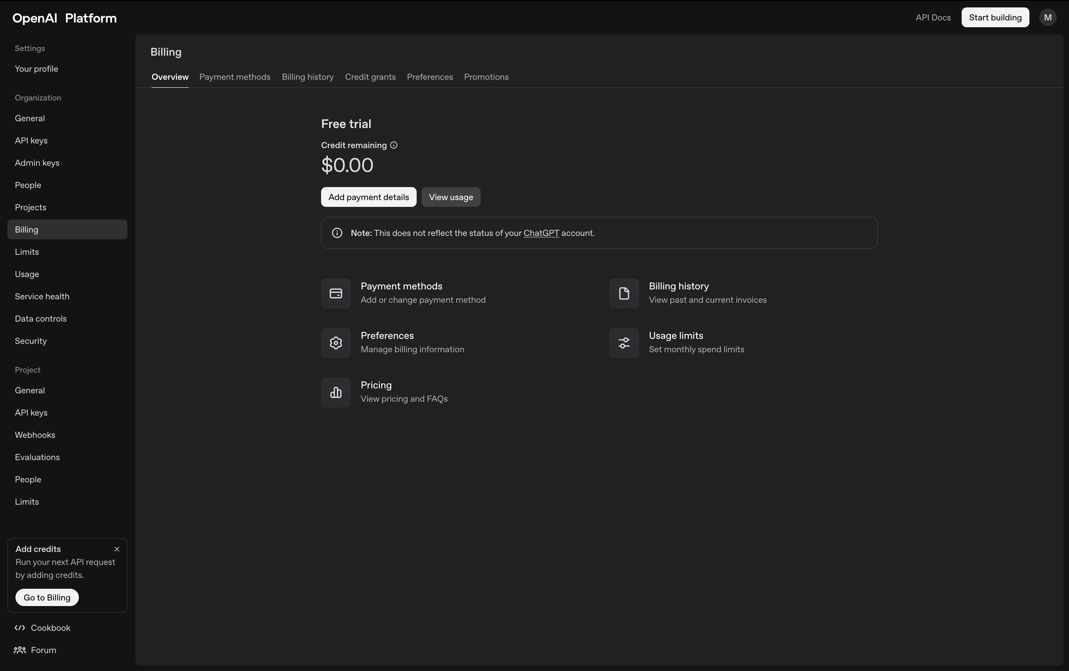OpenAI Platform billing page