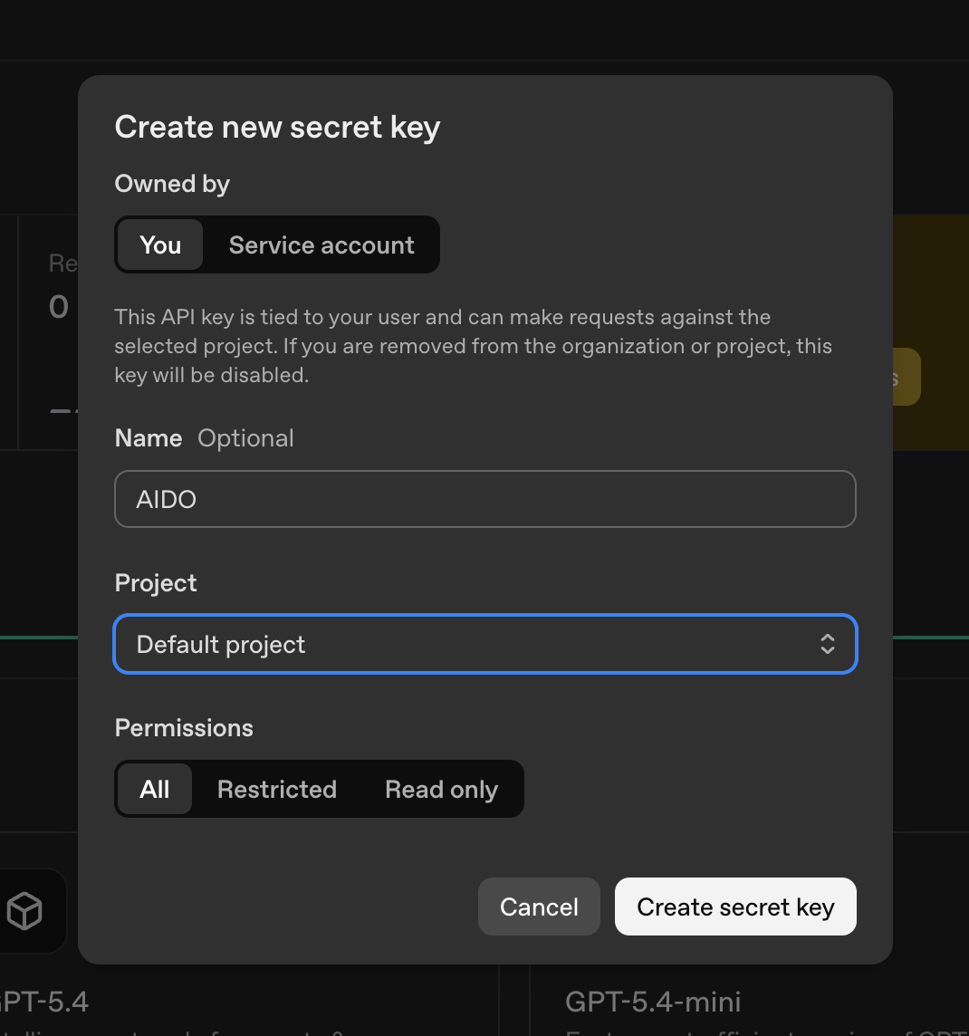 Create new secret key dialog