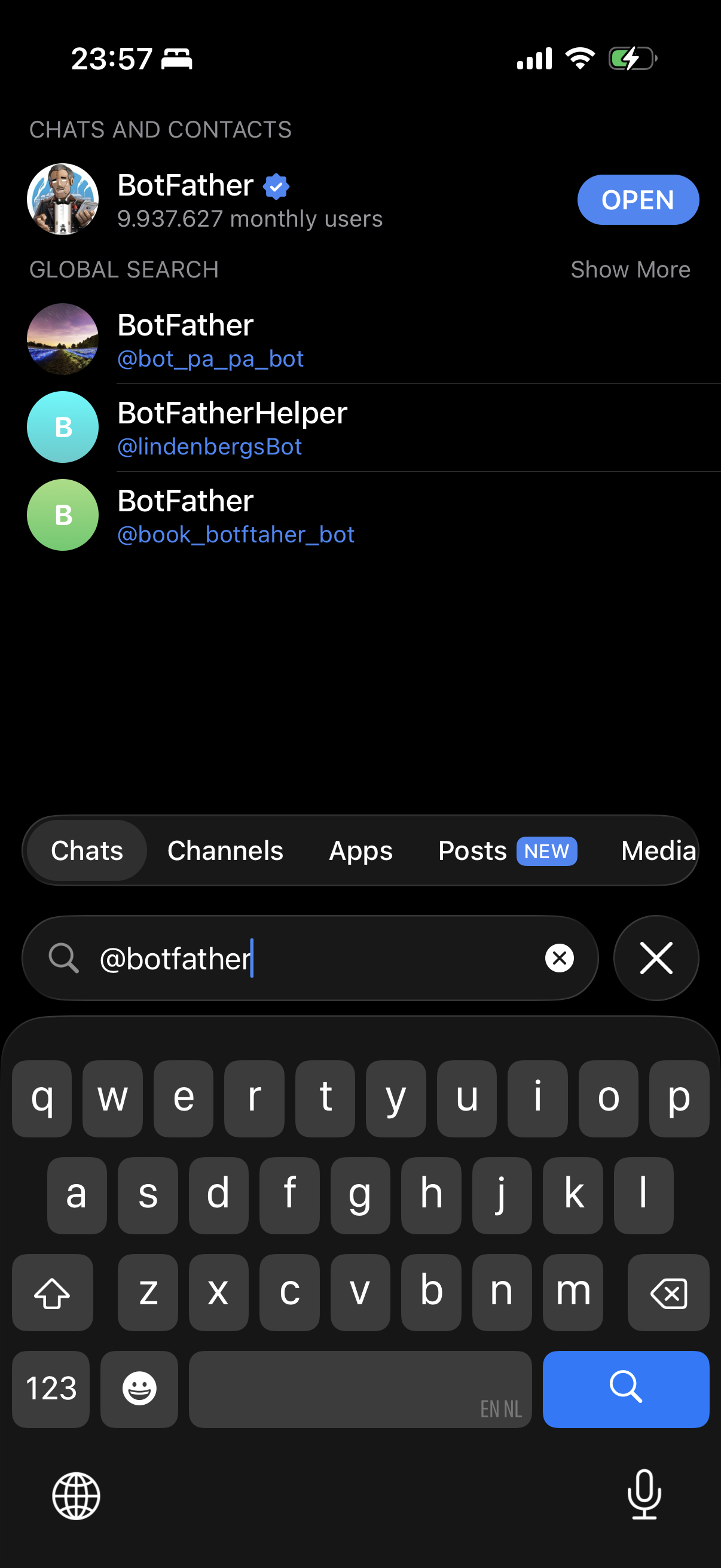 Telegram search bar with '@BotFather' typed in. The official BotFather result appears with its verified checkmark.